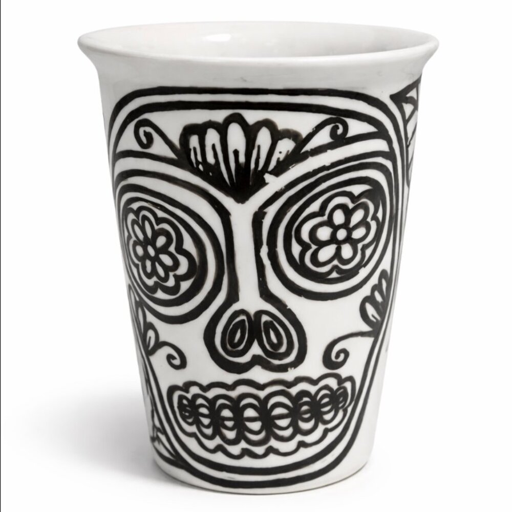 Hand-painted ceramic cup with sugar skull